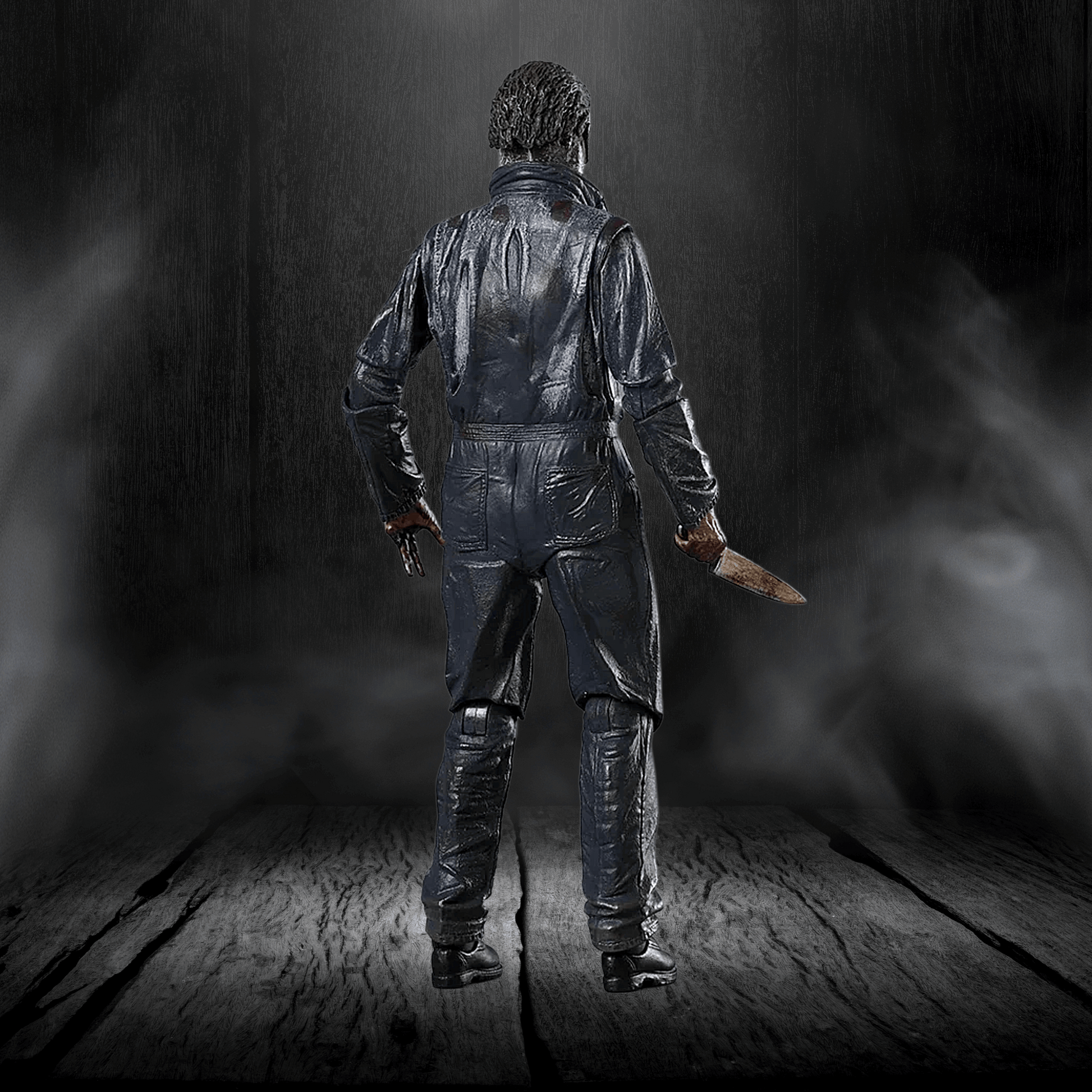 Person in a raincoat holding a knife in a dark, smoky room