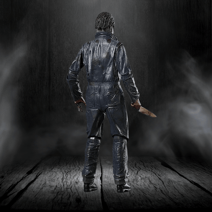 Person in a raincoat holding a knife in a dark, smoky room