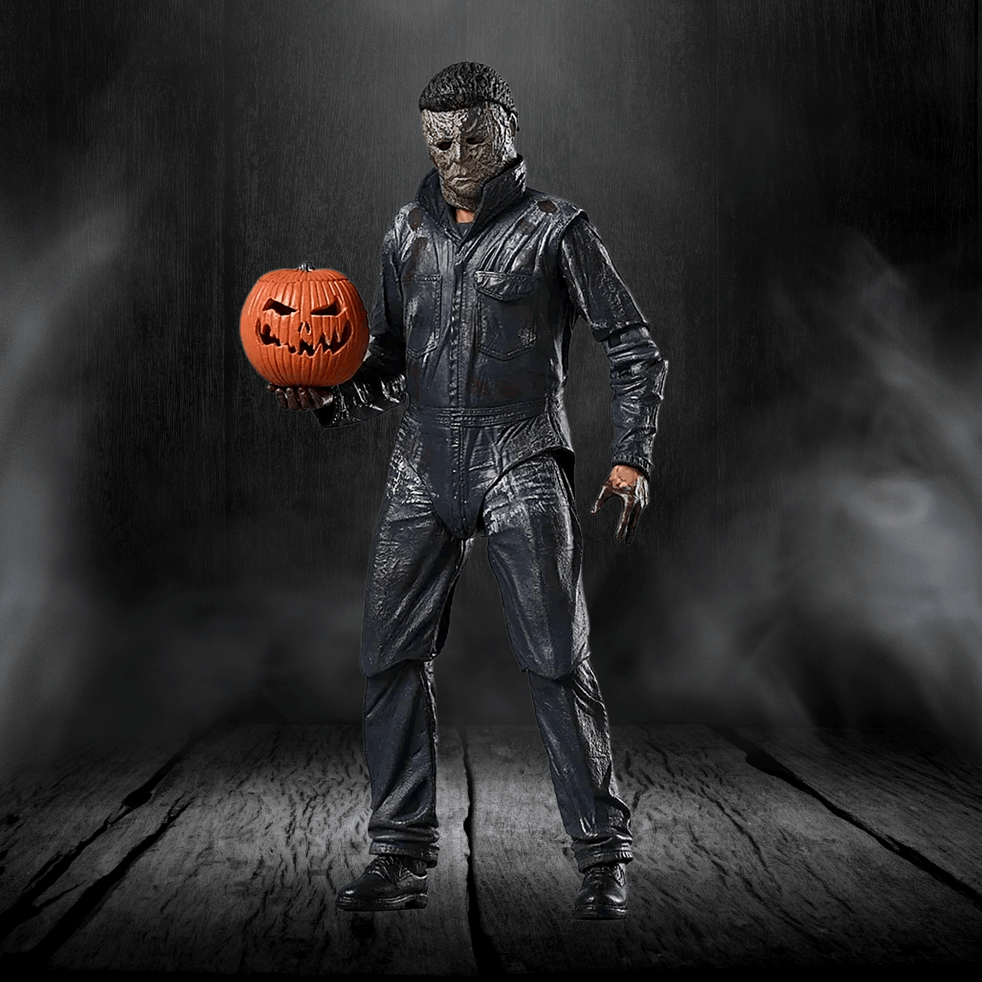 Person in a Halloween-themed costume holding a jack-o'-lantern against a dark background