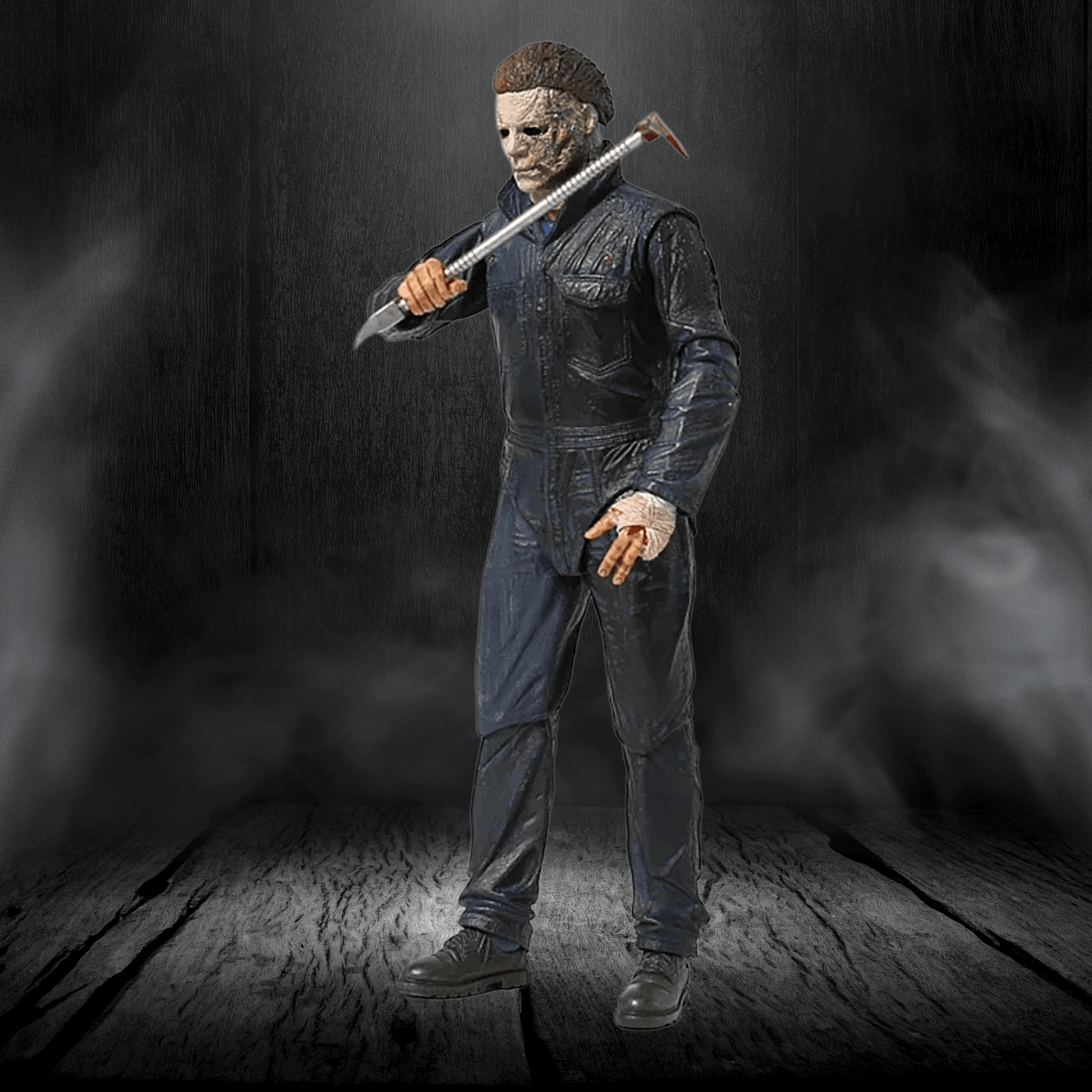 Action figure in a dark setting holding a weapon