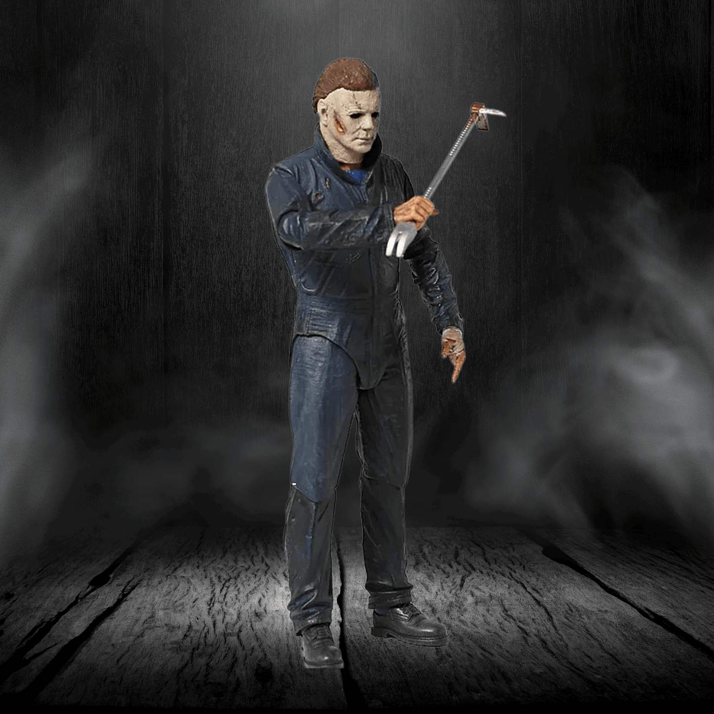Action figure in a dark setting holding an axe