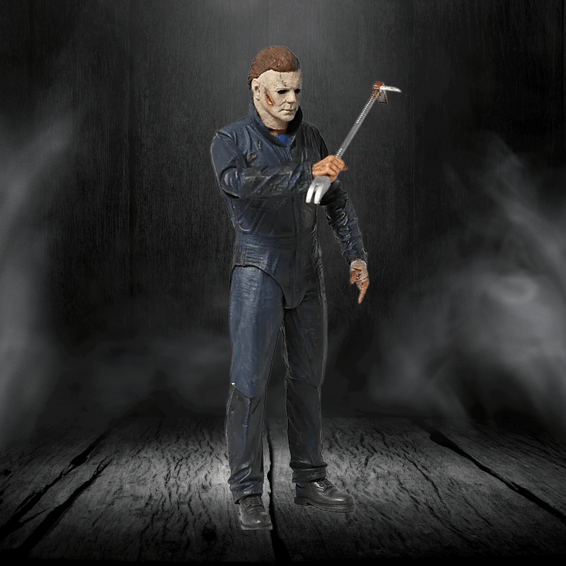 Action figure in a dark setting holding an axe