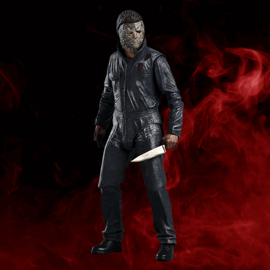 Action figure in a dark suit with a knife against a red and black background