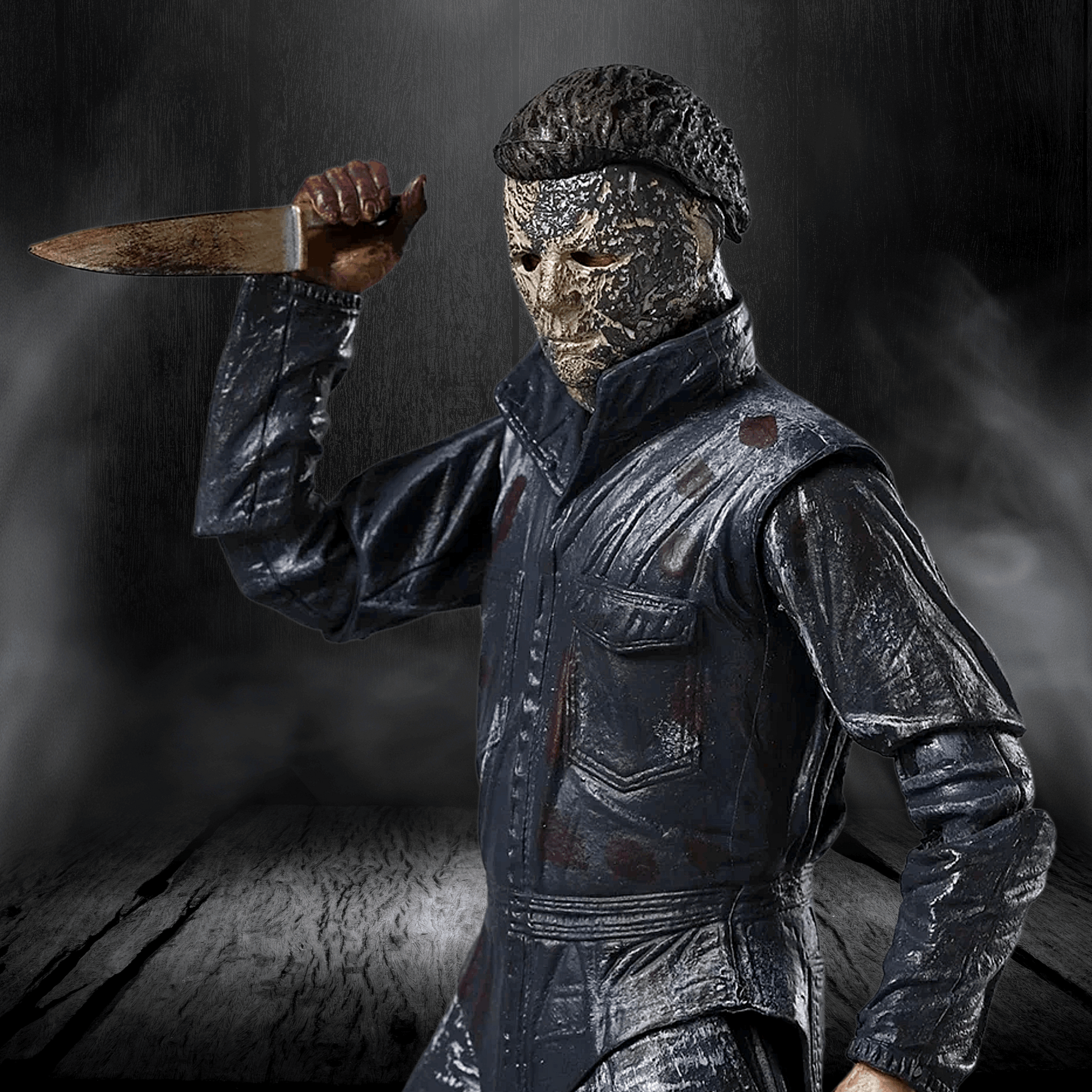 Person in a dark, textured costume holding a knife against a dark background