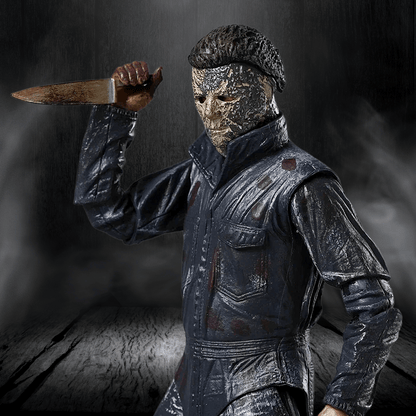 Person in a dark, textured costume holding a knife against a dark background