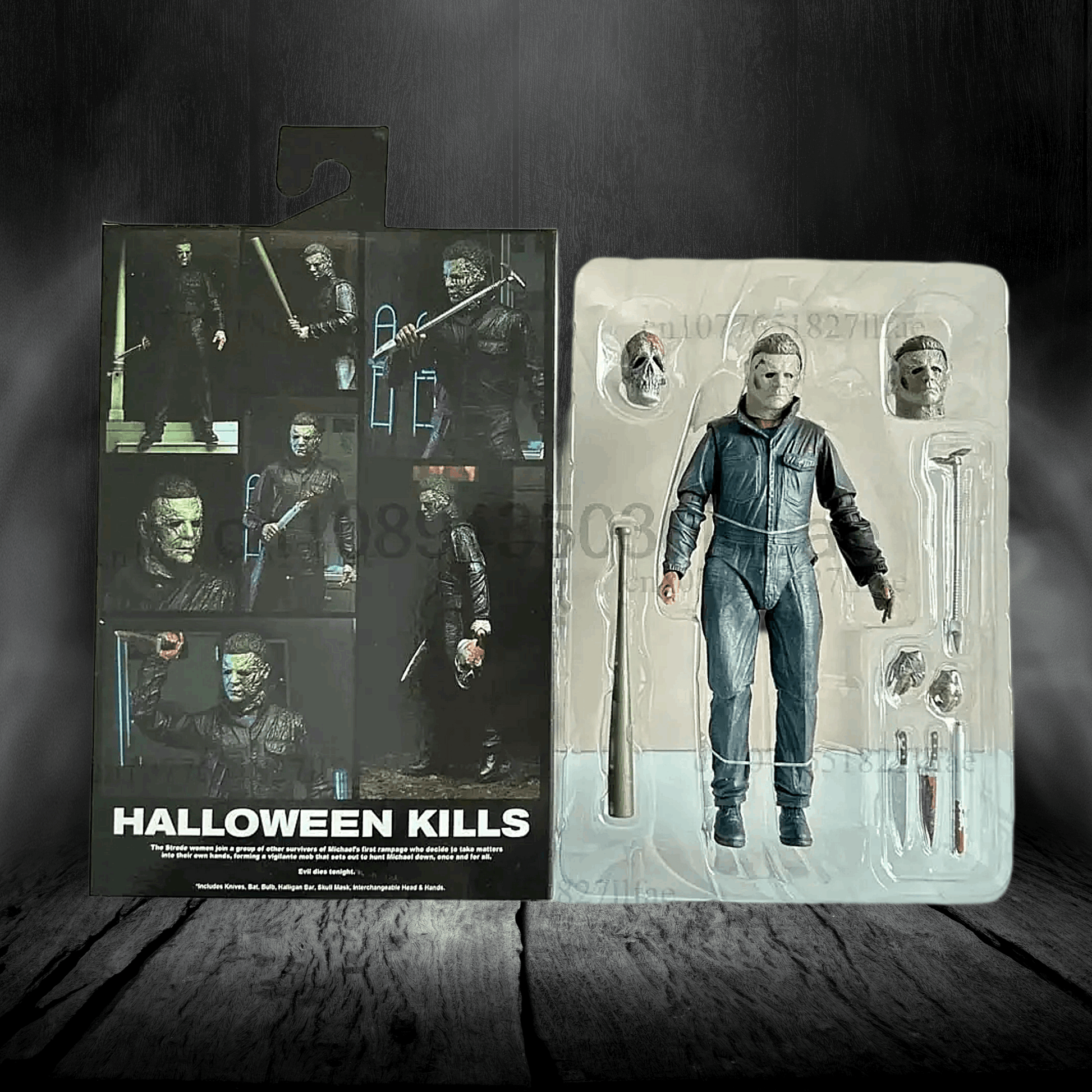 Action figure of a character from 'Halloween Kills' with packaging on a dark background