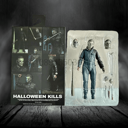 Action figure of a character from 'Halloween Kills' with packaging on a dark background
