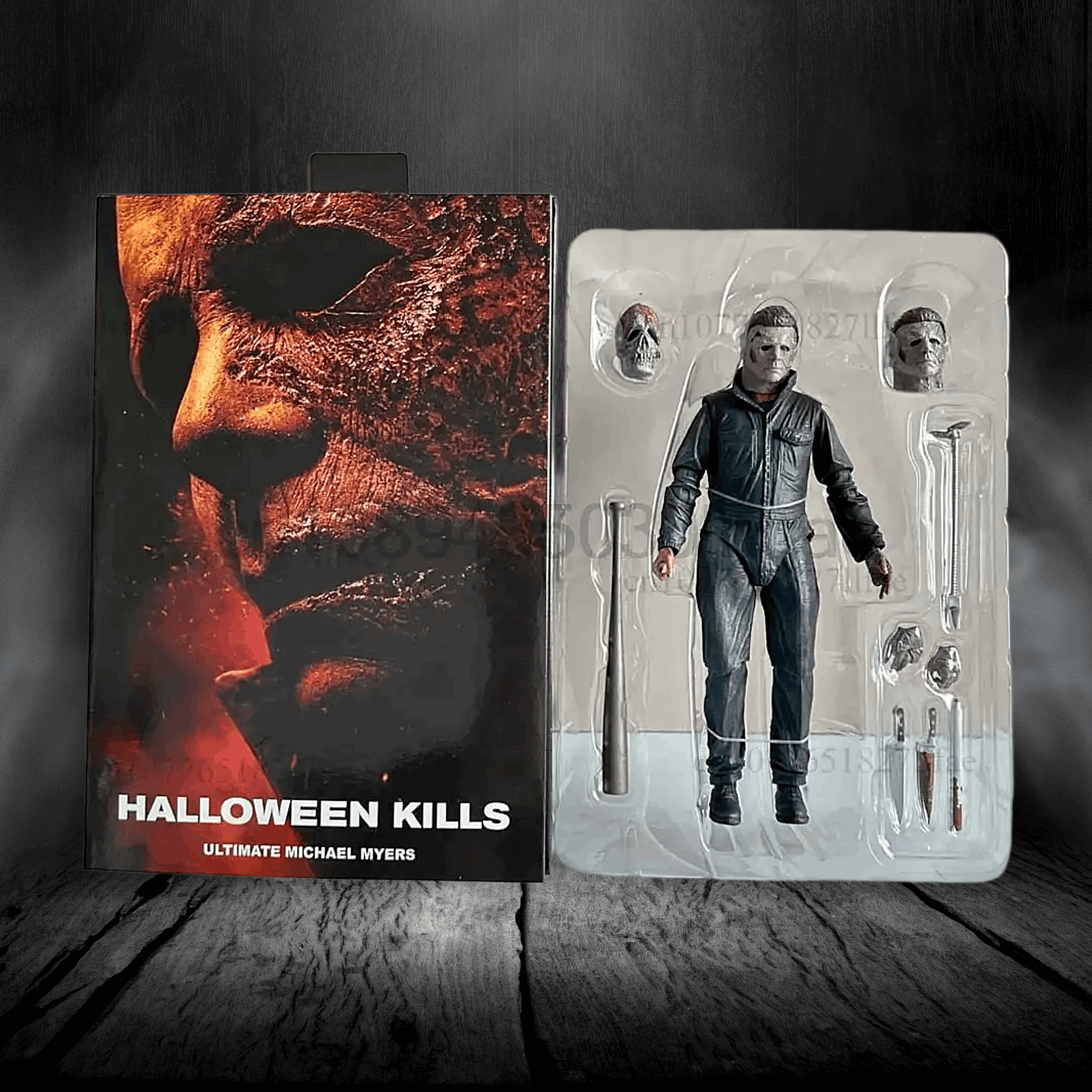 Action figure packaging with 'Halloween Kills' branding on a dark background