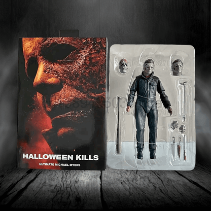 Action figure packaging with 'Halloween Kills' branding on a dark background