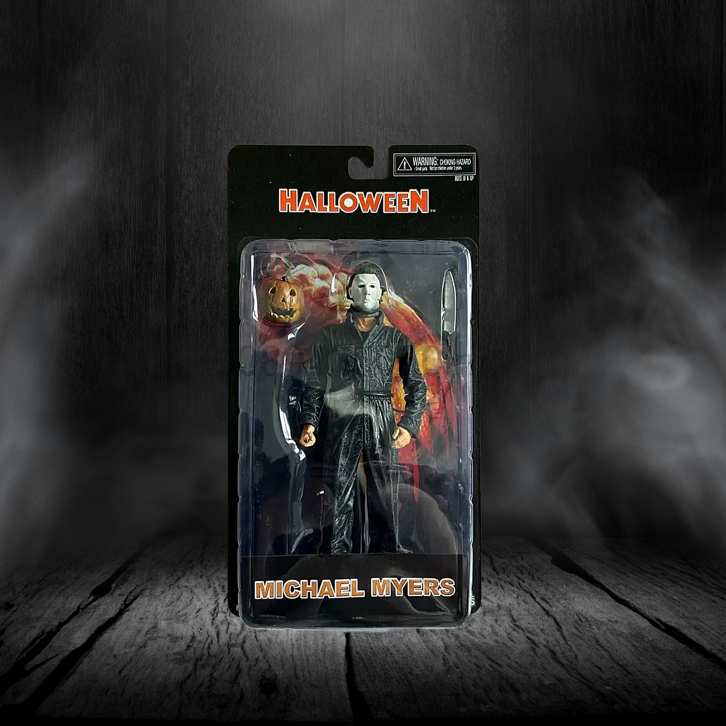 Action figure packaging of Michael Myers from 'Halloween' on a dark background