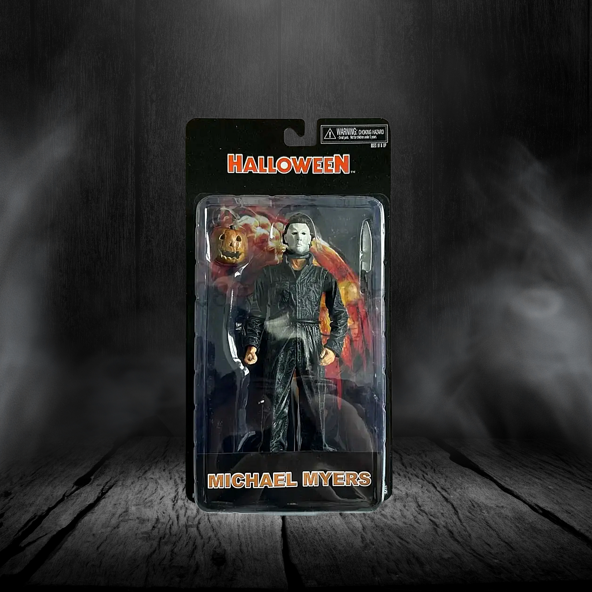 Action figure packaging of Michael Myers from 'Halloween' on a dark background