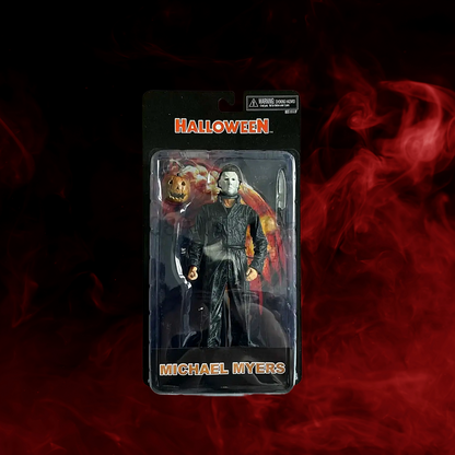 Packaged figure of Michael Myers from 'Halloween' with red smoke effect