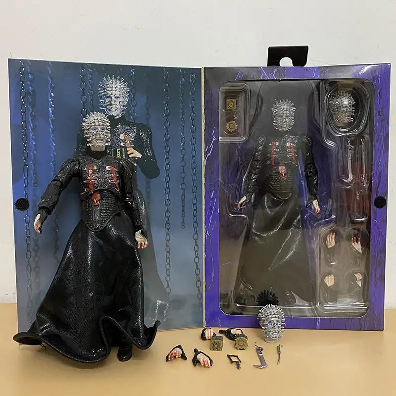 Action figure with accessories in open packaging on a beige surface.