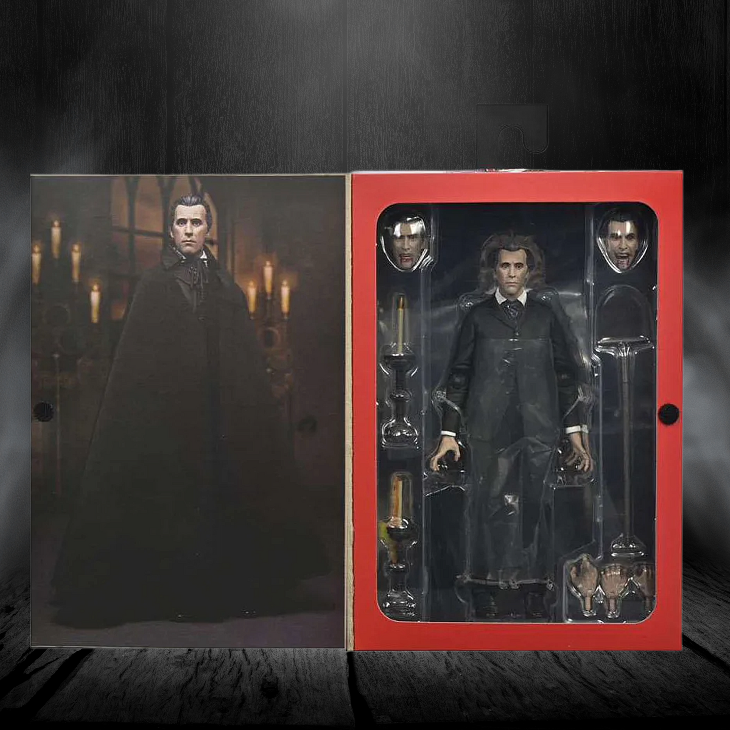 Action figure in a dark cloak with a red box in a gothic setting