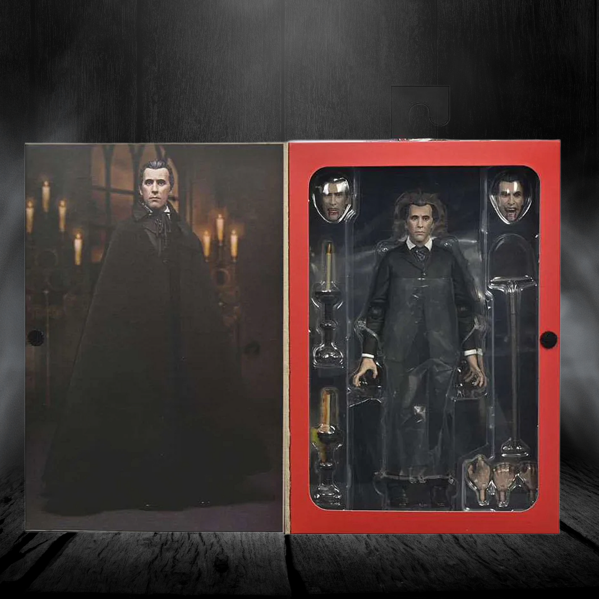 Action figure in a dark cloak with a red box in a gothic setting