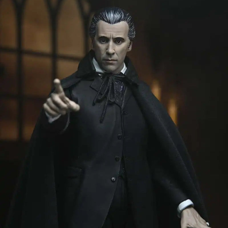 Figure in a dark coat with a gothic-style background