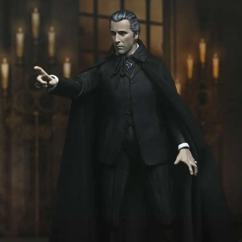 Action figure in a dark suit and cape against a gothic-style background