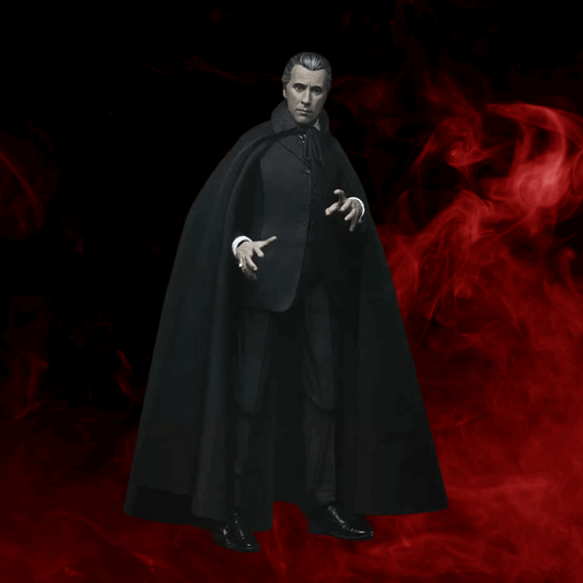 Action figure in a black cloak against a red and black background