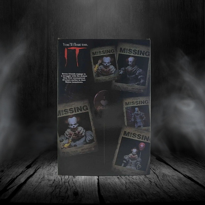 Product packaging with 'Missing' posters and a clock on a dark background