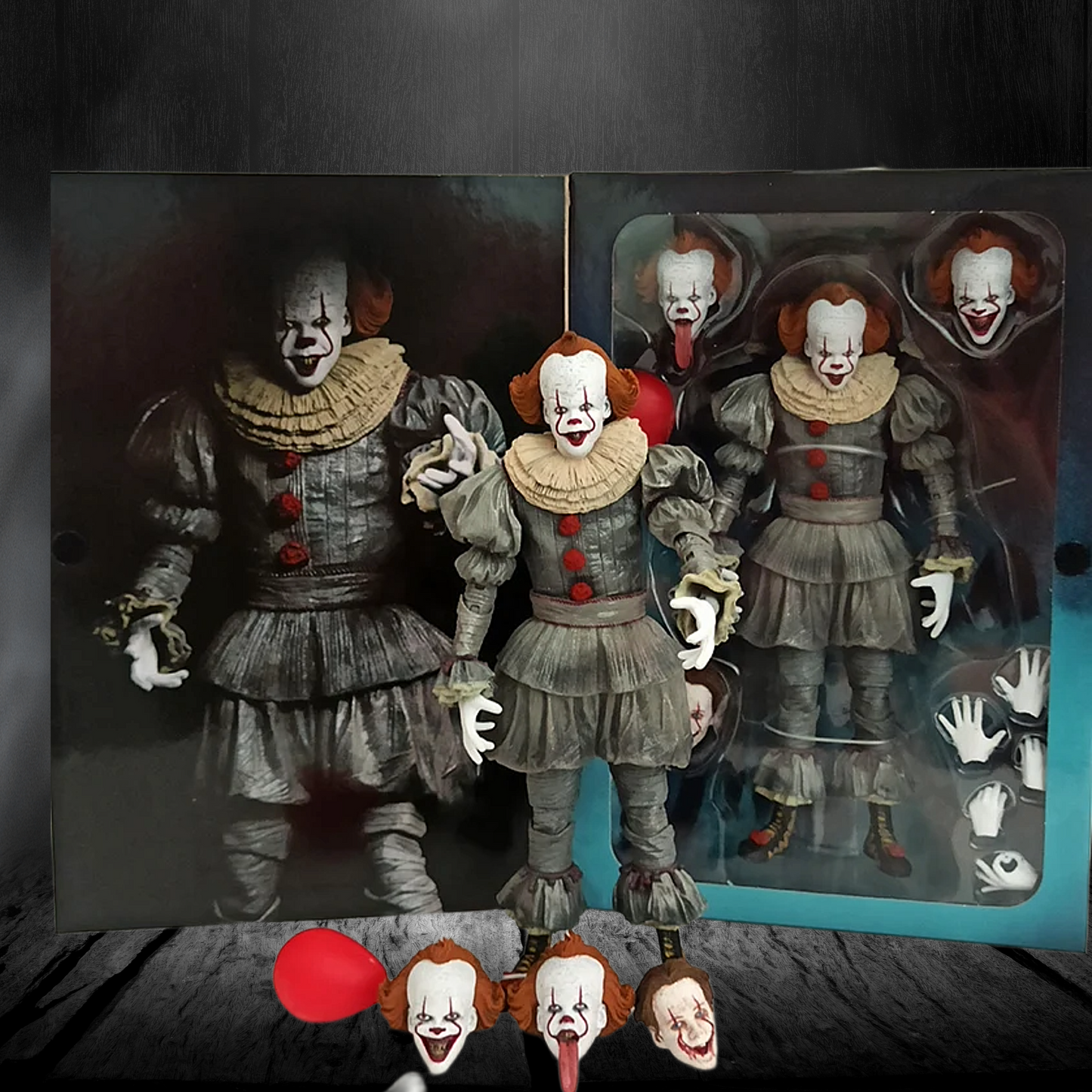 Action figure of a clown with interchangeable faces and accessories on a dark background