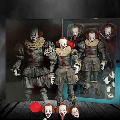 Action figure of a clown with interchangeable faces and accessories on a dark background