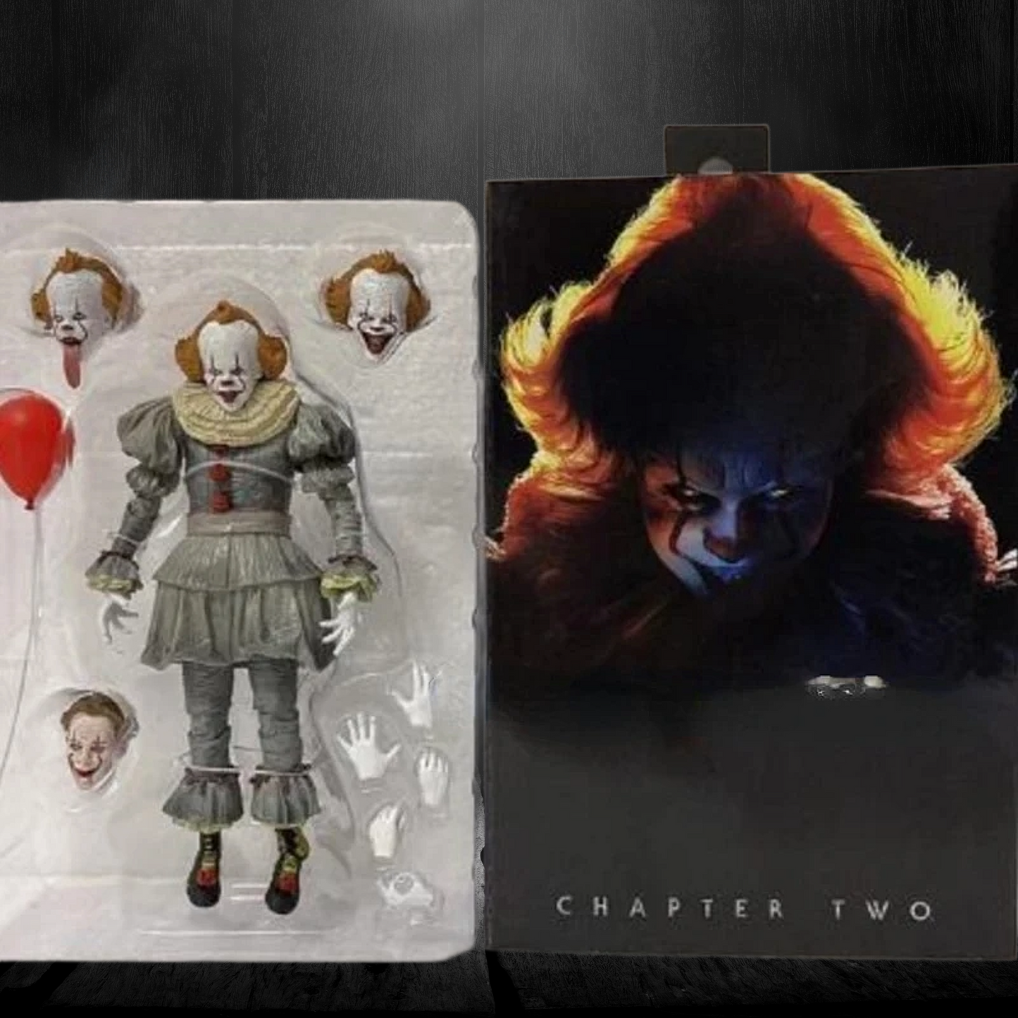 Action figure packaging with a character resembling Pennywise from 'It' and a close-up of the character's face.