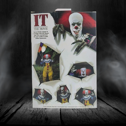 Product packaging featuring a clown with red hair and white face, surrounded by smaller images of clowns on a dark background.