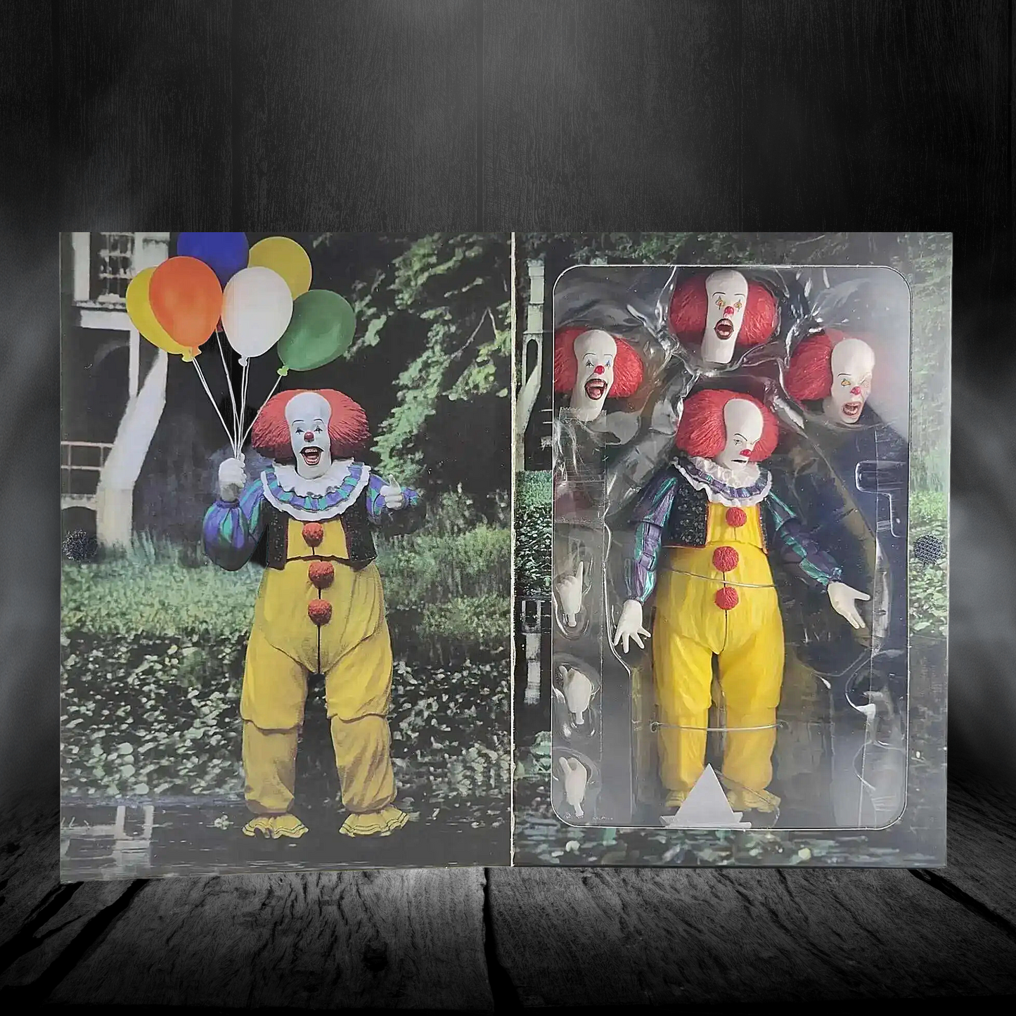 Action figure of a clown with balloons on a dark background
