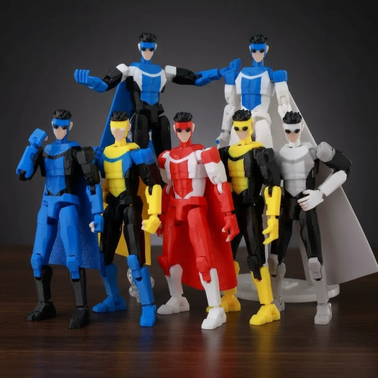 Set of superhero action figures in various poses on a striped background