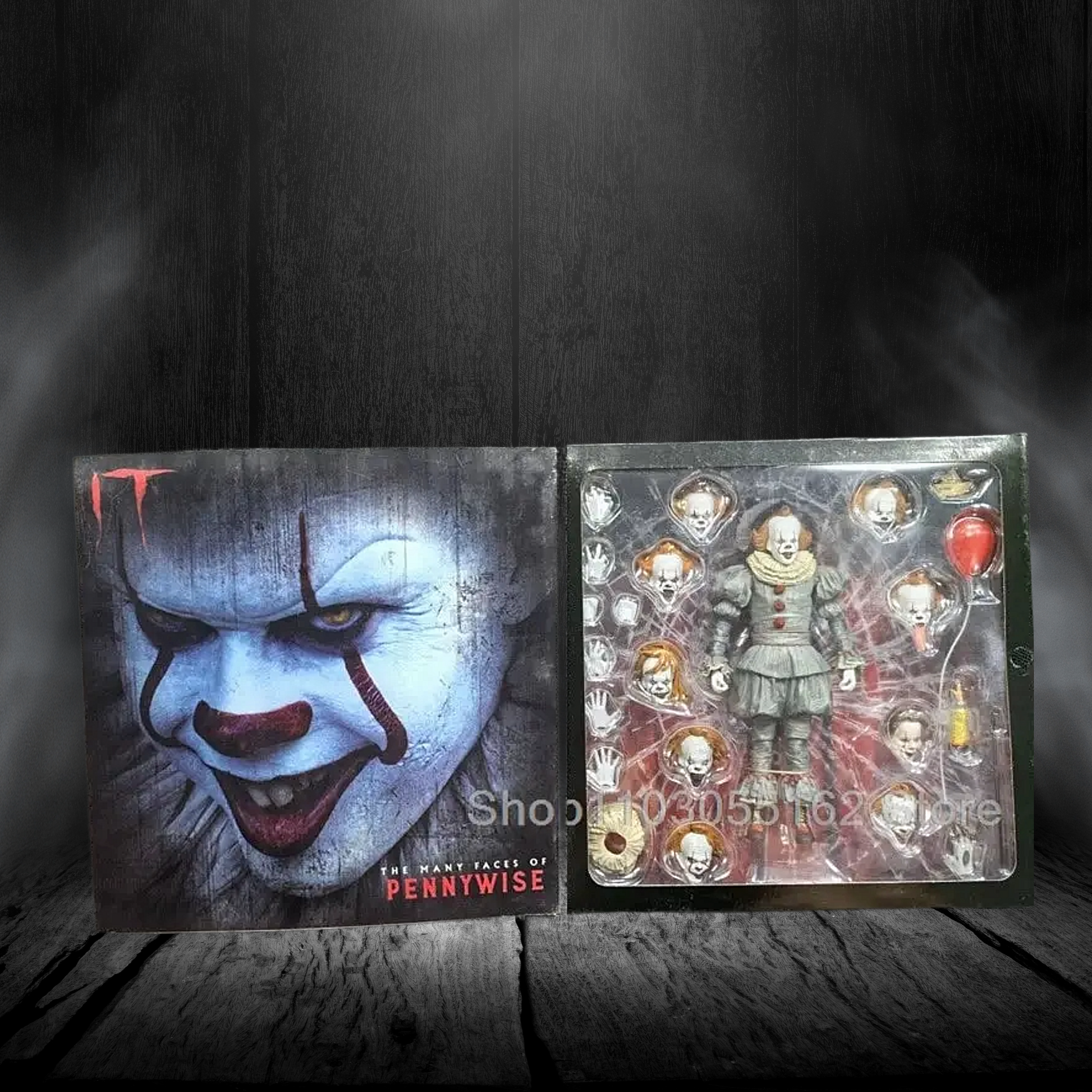 Two card packs featuring a clown character on a dark wooden surface.