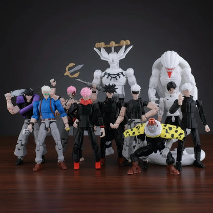 Collection of action figures on a textured gray background
