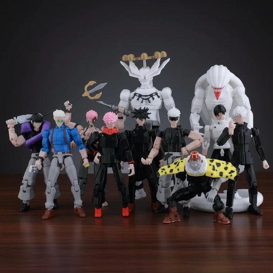 Collection of action figures on a textured gray background
