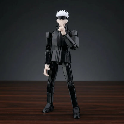 Action figure of a character in a black outfit with white hair on a gray background