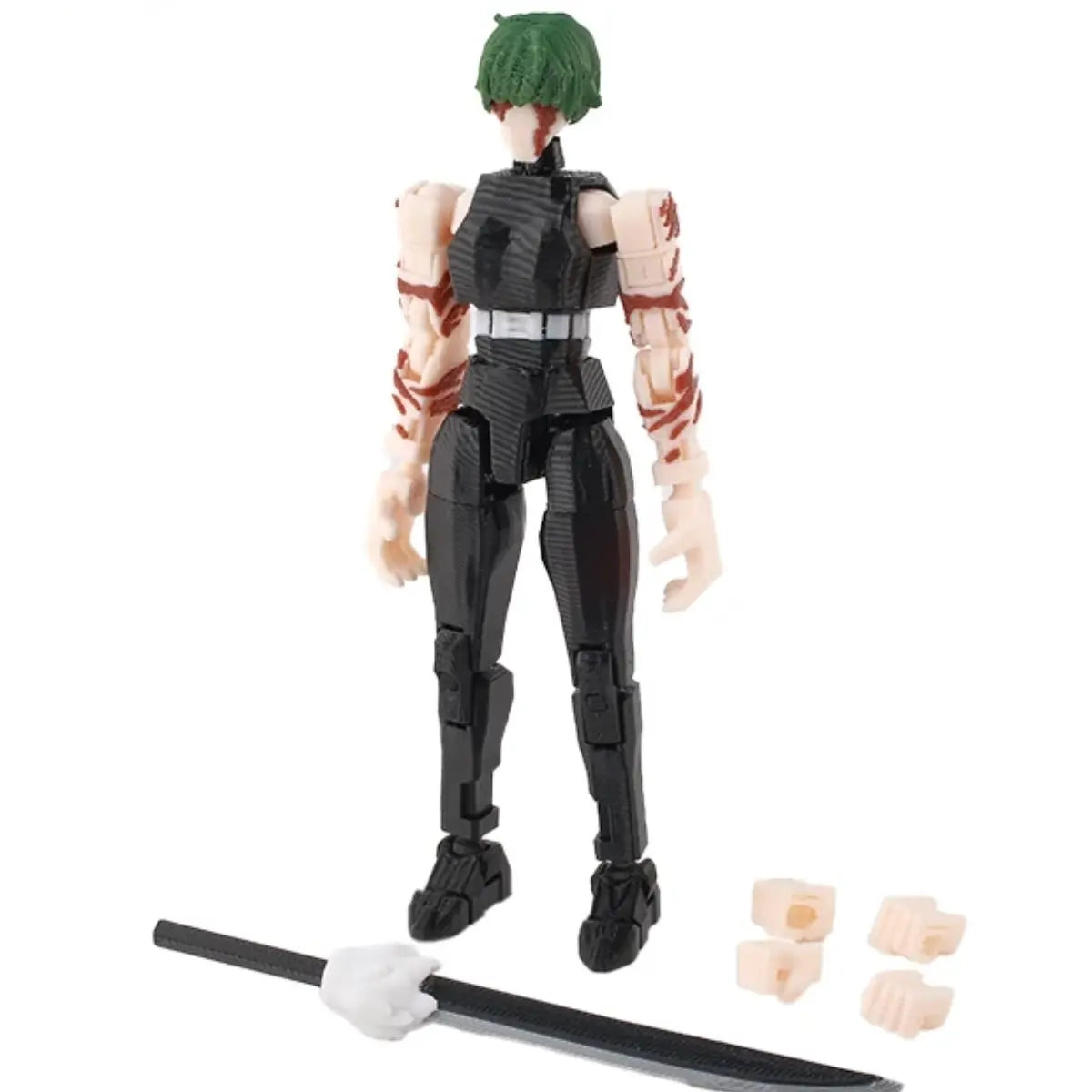 Action figure with green hair and tactical gear on a white background