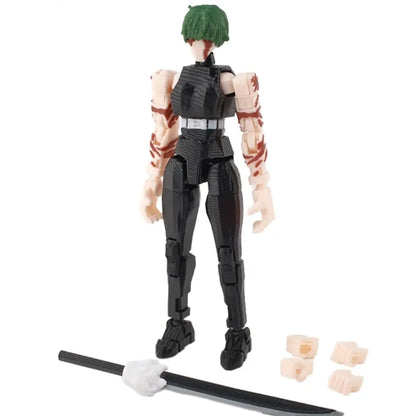 Action figure with green hair and tactical gear on a white background