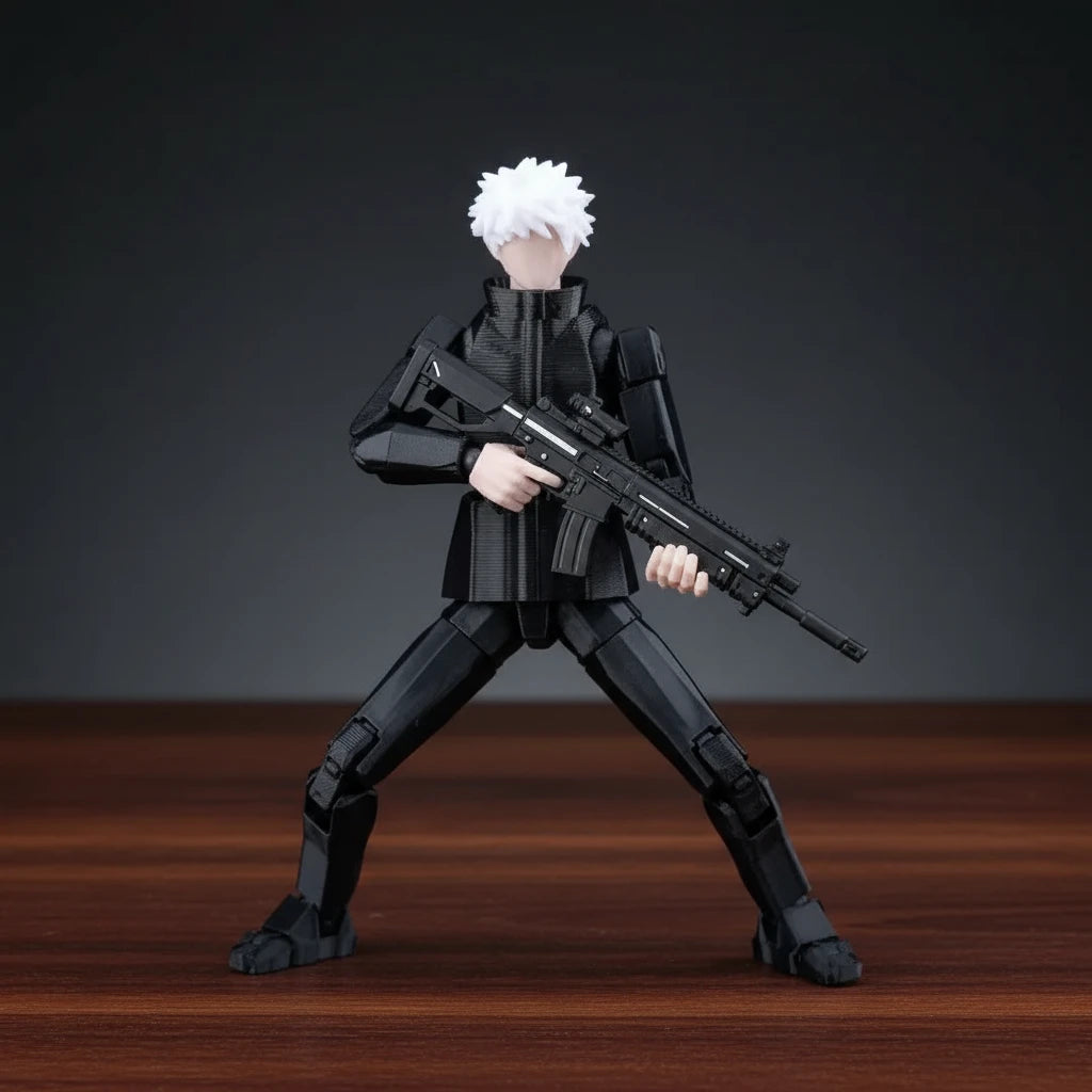 Action figure of a character in a dynamic pose on a textured gray background