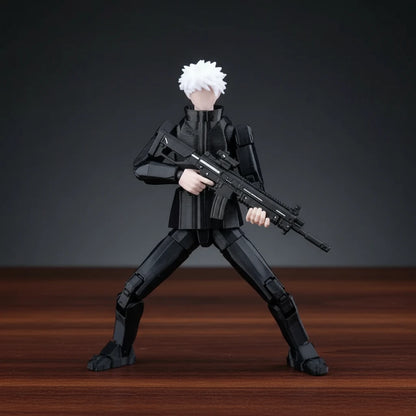 Action figure of a character in a dynamic pose on a textured gray background