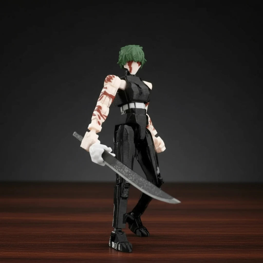 Action figure of a character with a sword on a gray background