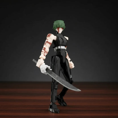 Action figure of a character with a sword on a gray background