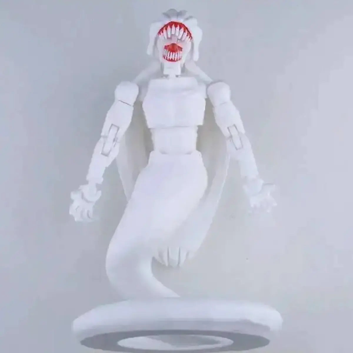 White robot-like figure with a red mouth on a light gray background