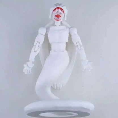 White robot-like figure with a red mouth on a light gray background