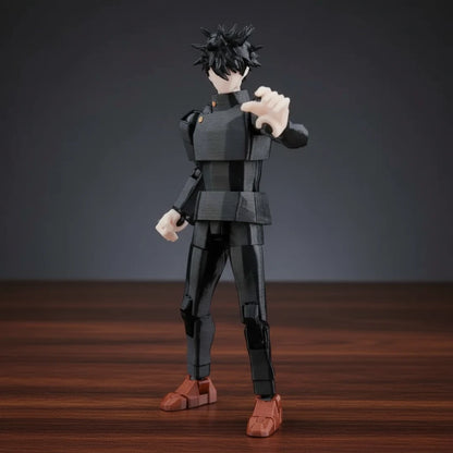Action figure of an anime character in a black outfit with red shoes on a gray background