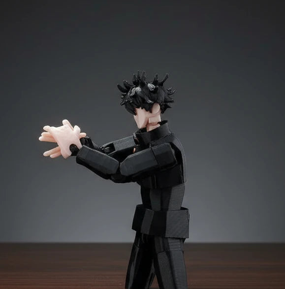 Action figure with black hair and tactical gear against a gray background