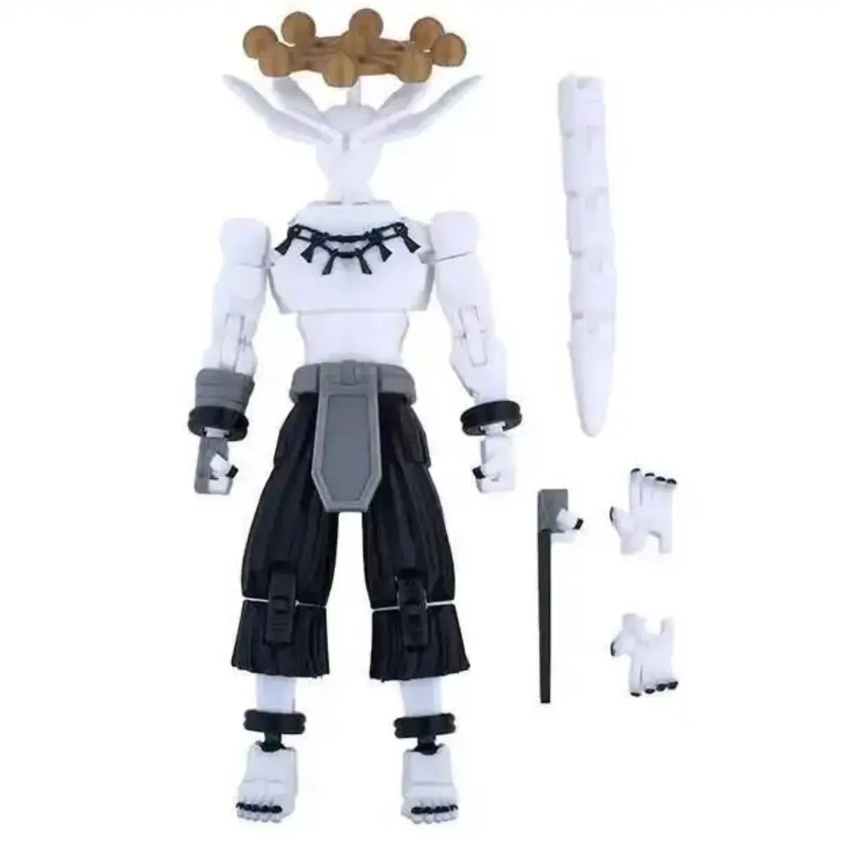 Action figure with black and white outfit and accessories on a white background