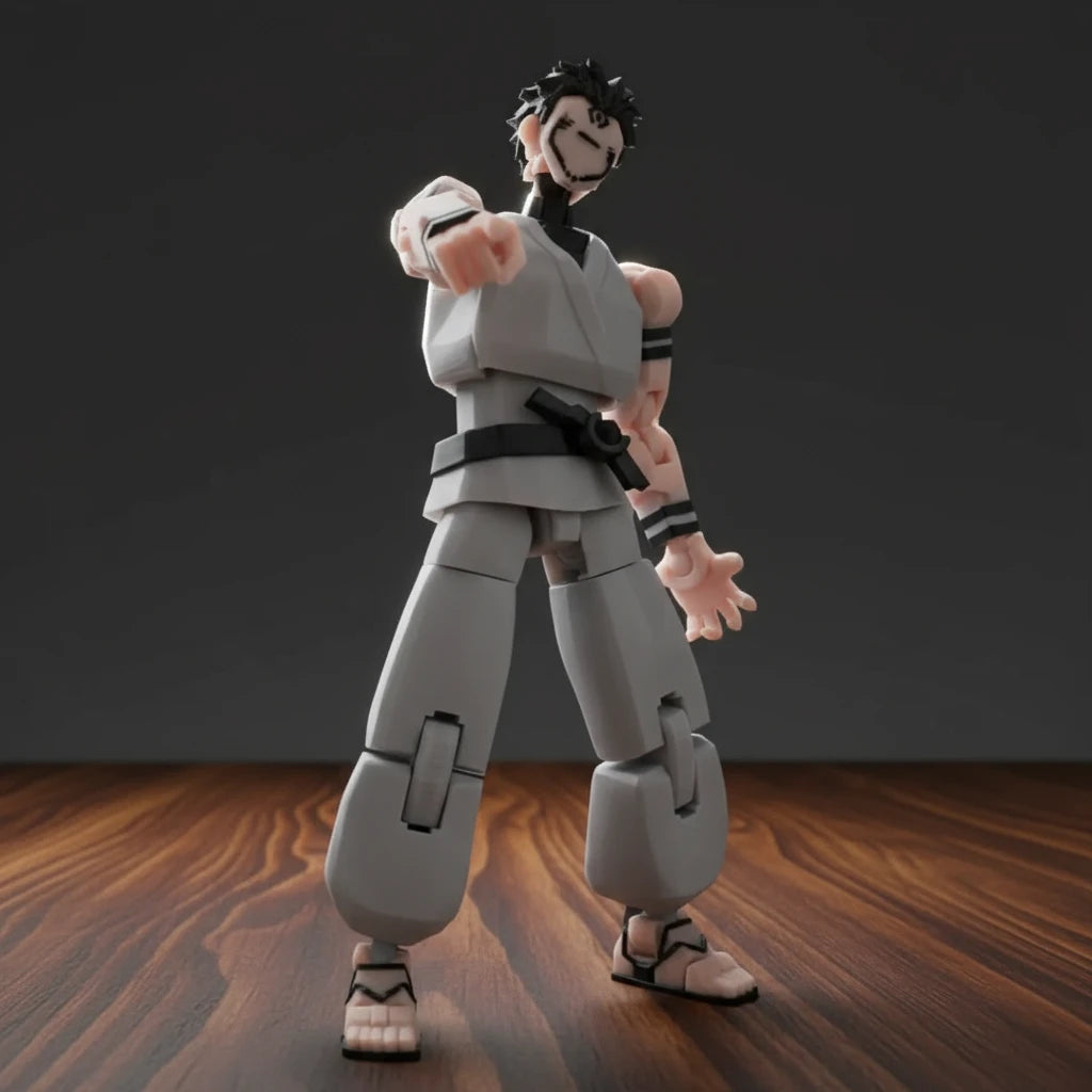Action figure of a character in a gray outfit with black belt on a textured gray background