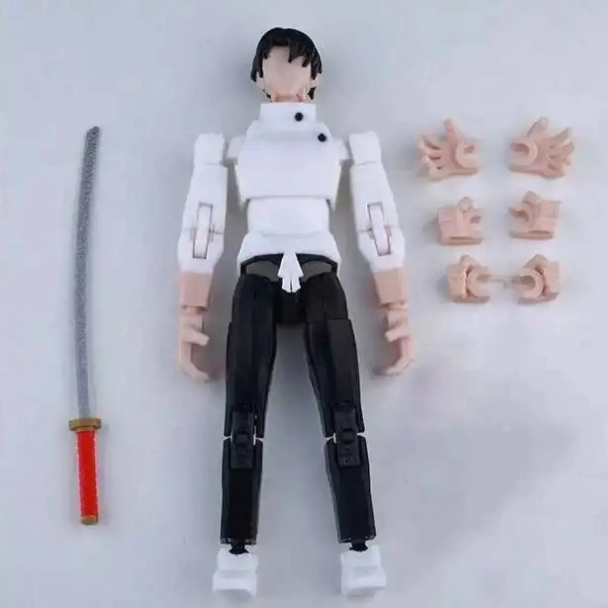 Action figure with interchangeable parts and a sword on a white background