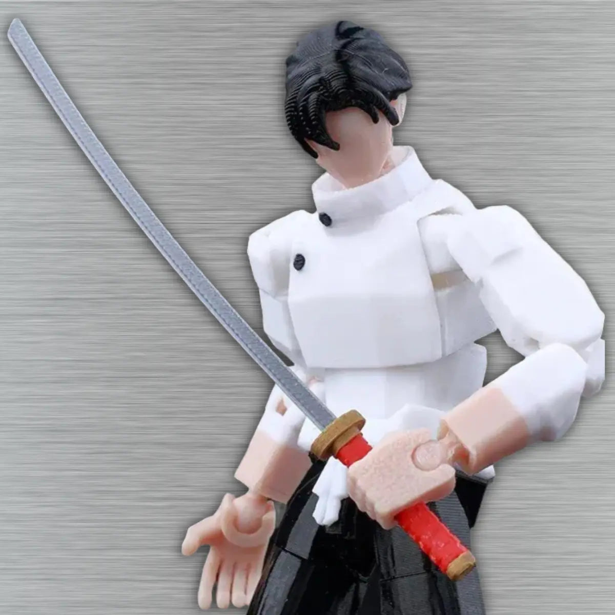 Action figure in white outfit holding a sword on a textured gray background