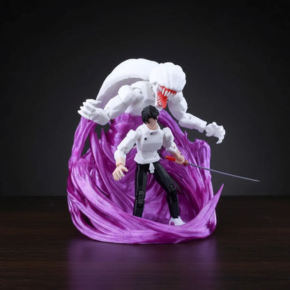 Action figure with a white creature and purple energy effect on a gray background