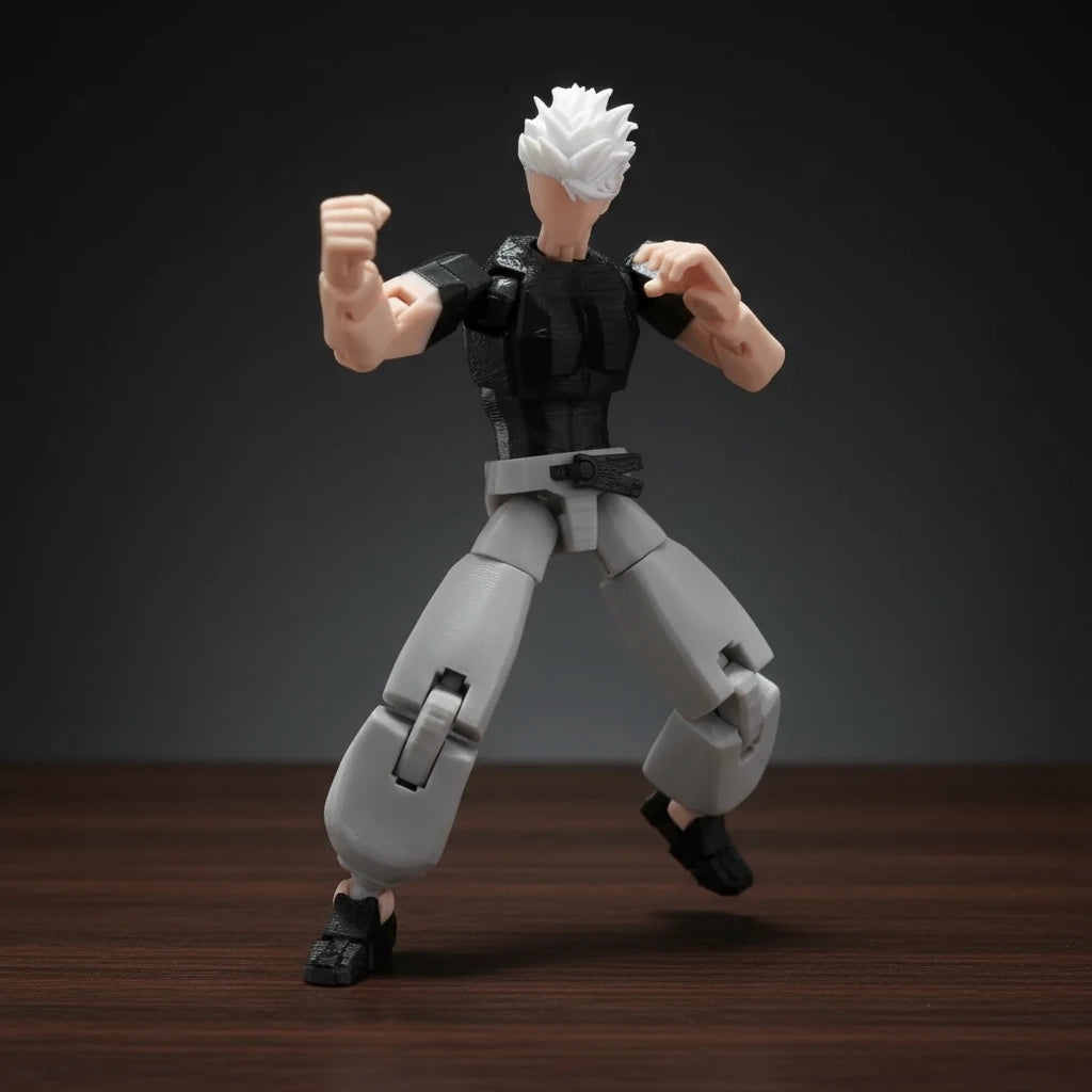 Action figure with white hair and black outfit on a textured gray background