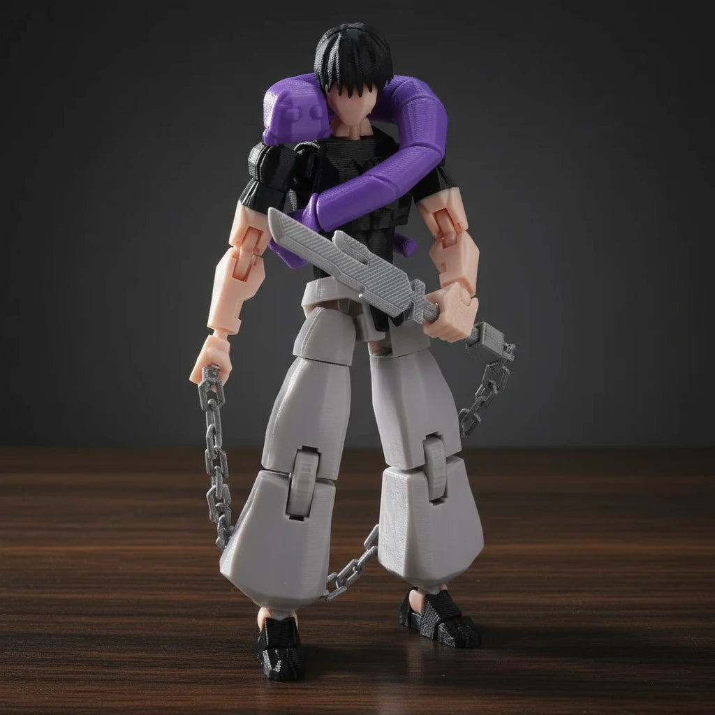 Action figure with purple arms and gray legs on a textured gray background